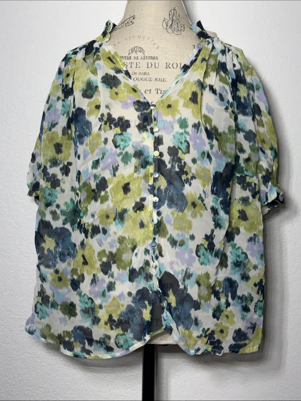 Anthropologie Floral Button-Front Short Sleeve Top - Green Multi